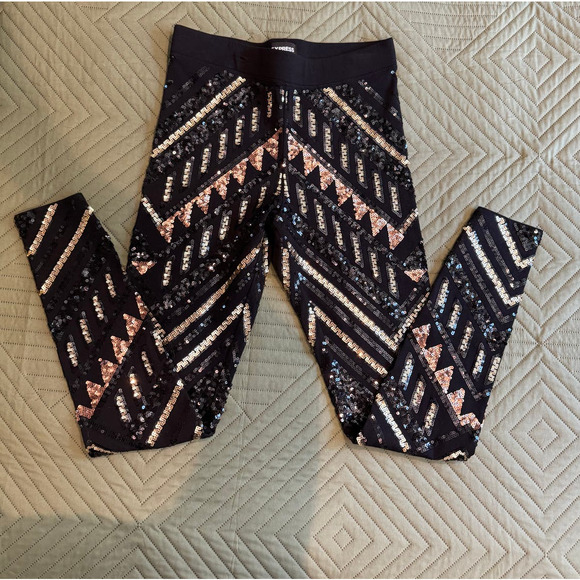 Express Black Sequin Embellished Leggings Party Sparkle Statement - Picture 1 of 9